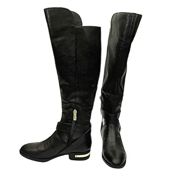 Vince Camuto Knee-High Black Leather Boots Gold Hardware Size 5M Zip - Picture 5 of 10